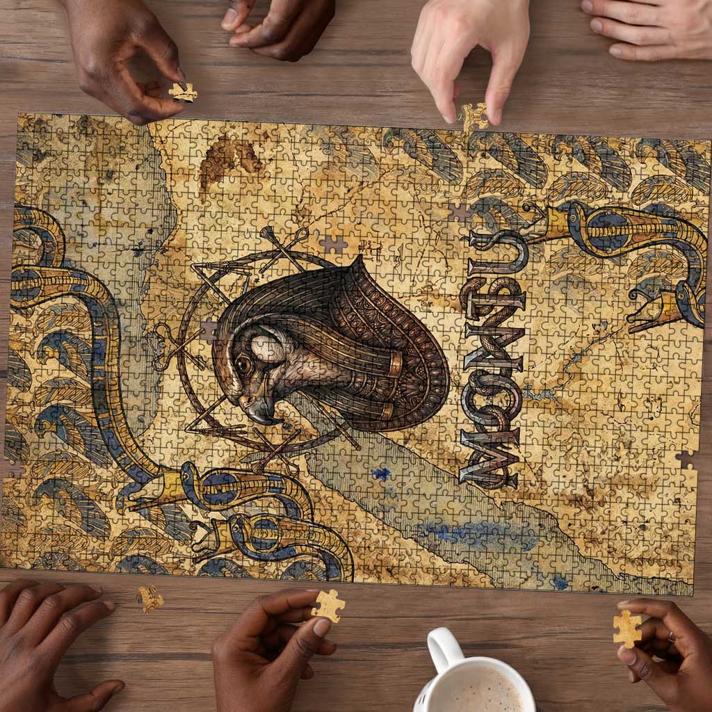 Montu Puzzle Falcon Head War God Ancient Egyptian Map Feathers and Sun Disk