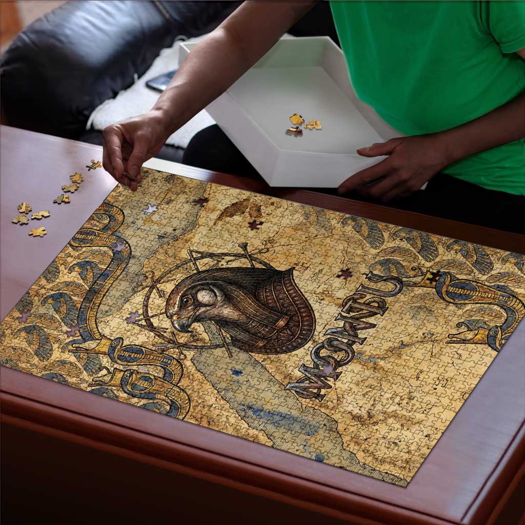 Montu Puzzle Falcon Head War God Ancient Egyptian Map Feathers and Sun Disk