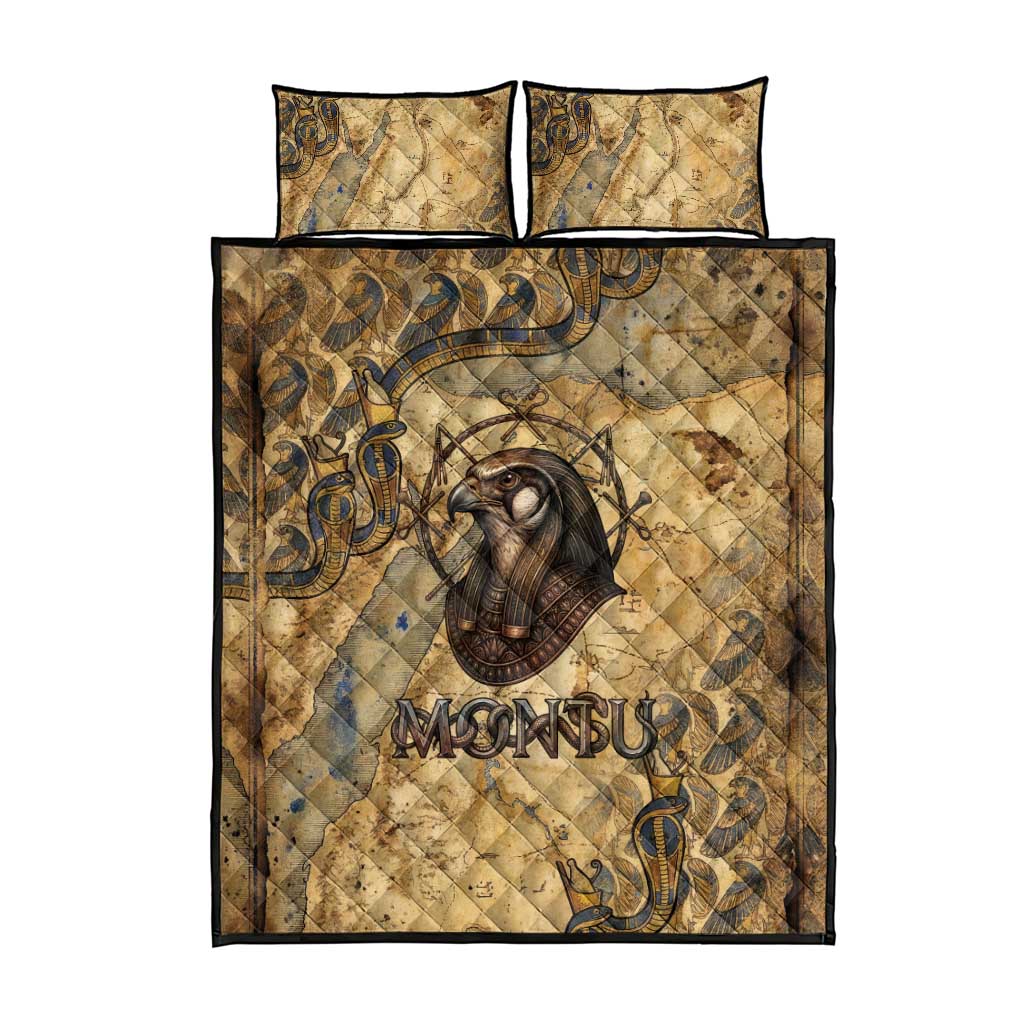 Montu Quilt Bed Set Falcon Head War God Ancient Egyptian Map Feathers and Sun Disk
