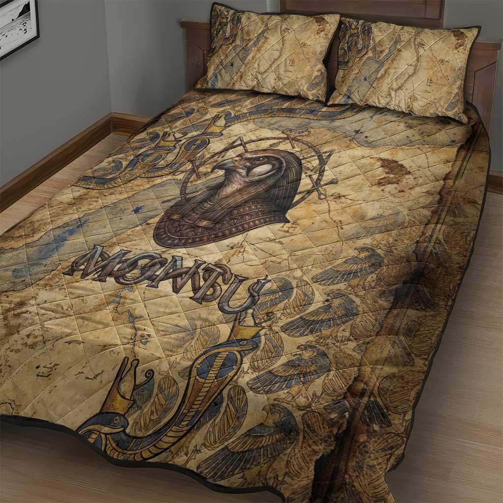 Montu Quilt Bed Set Falcon Head War God Ancient Egyptian Map Feathers and Sun Disk
