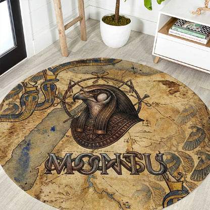 Montu Round Carpet Falcon Head War God Ancient Egyptian Map Feathers and Sun Disk