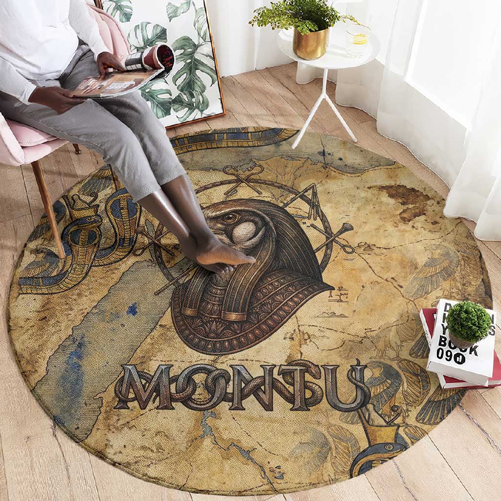 Montu Round Carpet Falcon Head War God Ancient Egyptian Map Feathers and Sun Disk