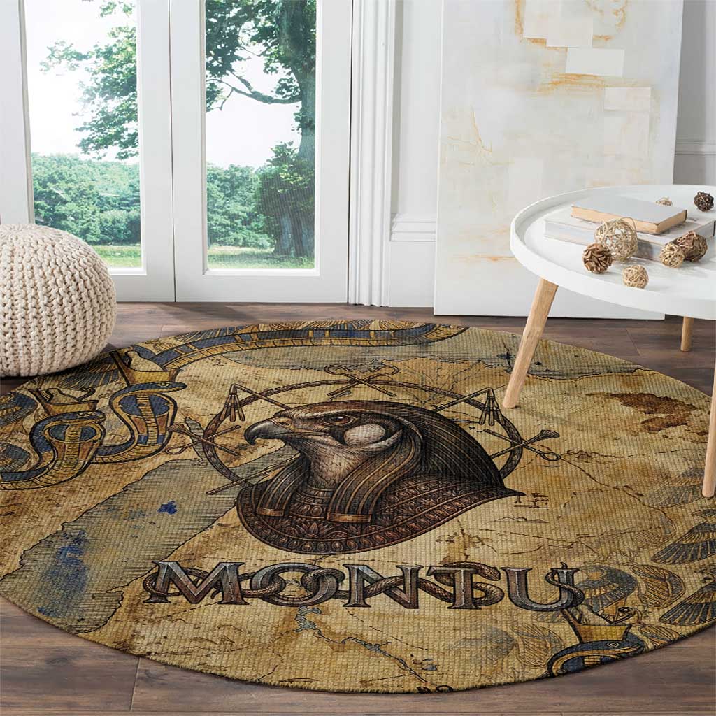 Montu Round Carpet Falcon Head War God Ancient Egyptian Map Feathers and Sun Disk