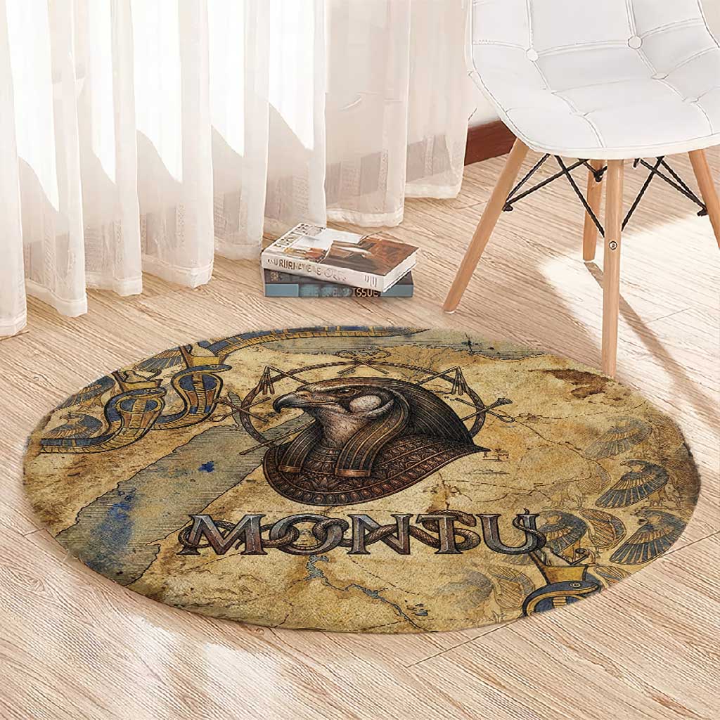 Montu Round Carpet Falcon Head War God Ancient Egyptian Map Feathers and Sun Disk