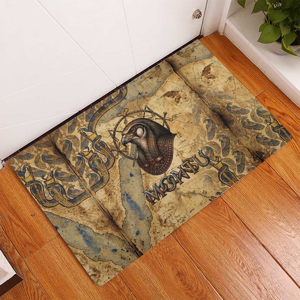 Montu Rubber Doormat Falcon Head War God Ancient Egyptian Map Feathers and Sun Disk