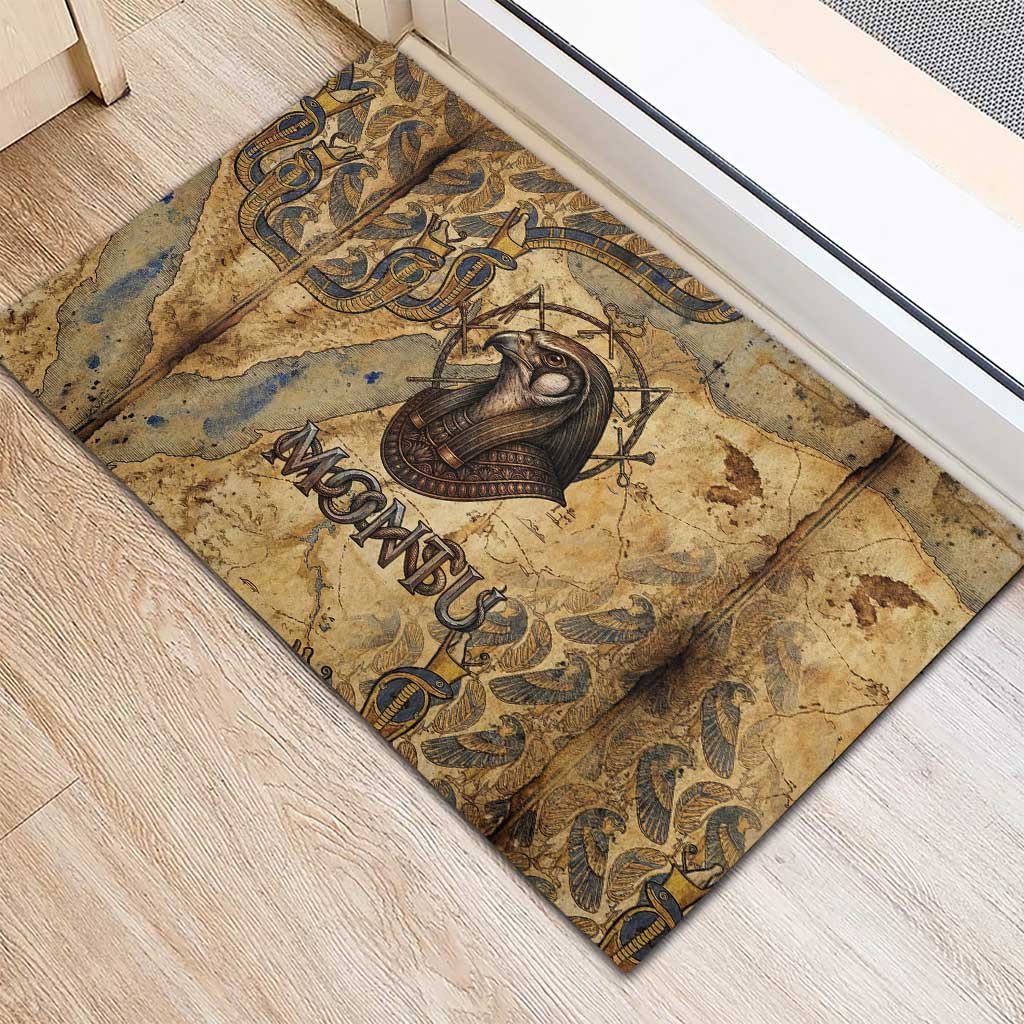 Montu Rubber Doormat Falcon Head War God Ancient Egyptian Map Feathers and Sun Disk