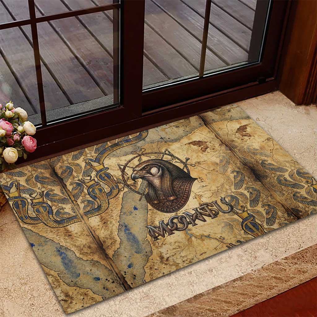 Montu Rubber Doormat Falcon Head War God Ancient Egyptian Map Feathers and Sun Disk