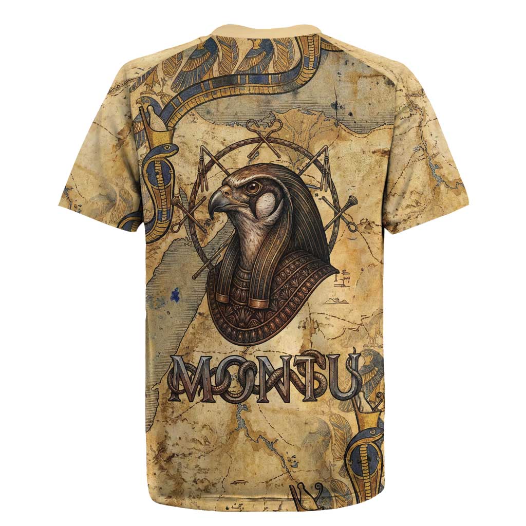 Montu Rugby Jersey Falcon Head War God Ancient Egyptian Map Feathers and Sun Disk