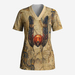 Montu Scrub Top Falcon Head War God Ancient Egyptian Map Feathers and Sun Disk
