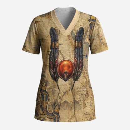 Montu Scrub Top Falcon Head War God Ancient Egyptian Map Feathers and Sun Disk