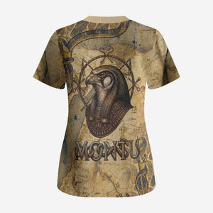 Montu Scrub Top Falcon Head War God Ancient Egyptian Map Feathers and Sun Disk