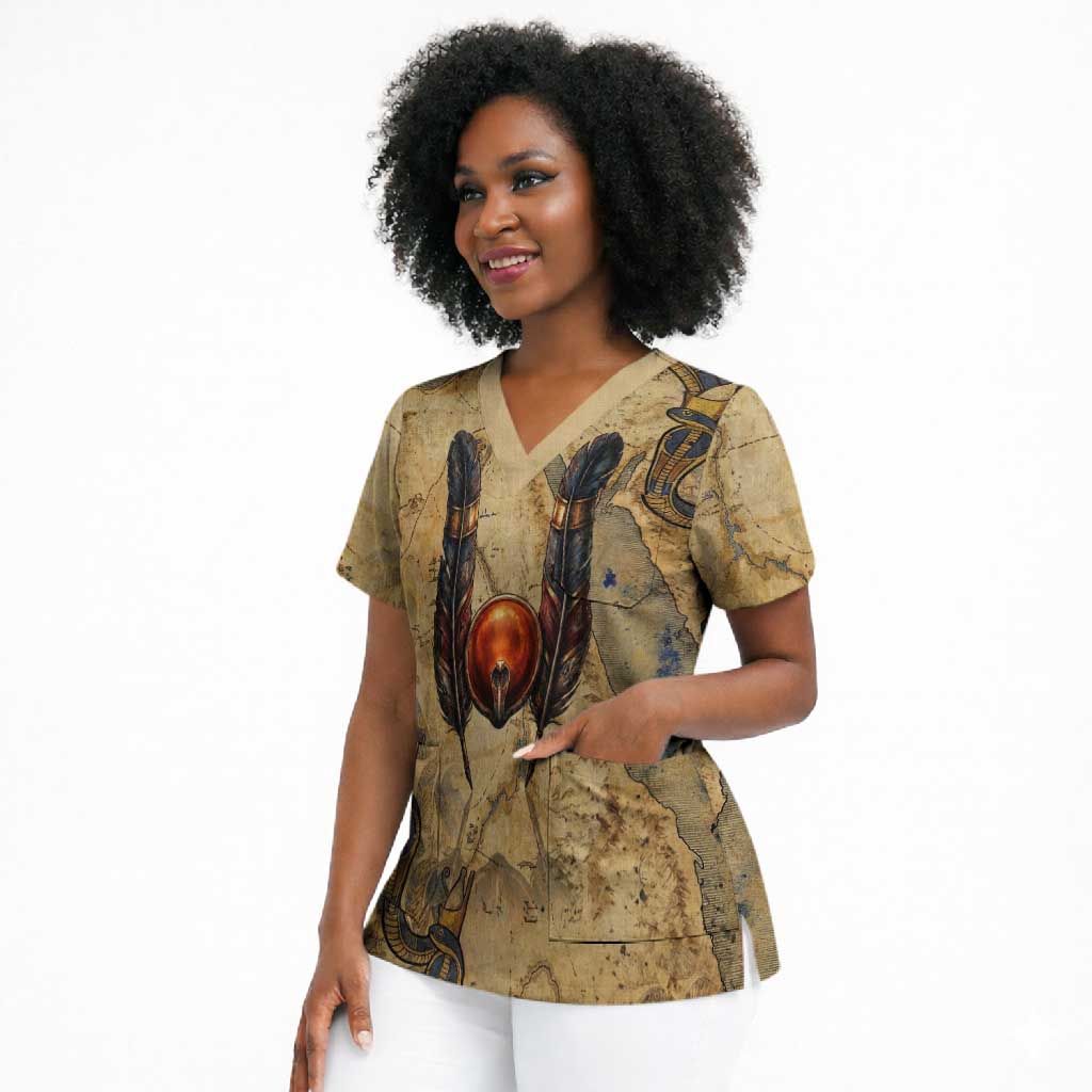 Montu Scrub Top Falcon Head War God Ancient Egyptian Map Feathers and Sun Disk