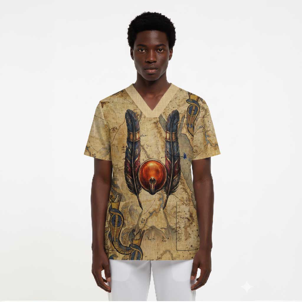Montu Scrub Top Falcon Head War God Ancient Egyptian Map Feathers and Sun Disk
