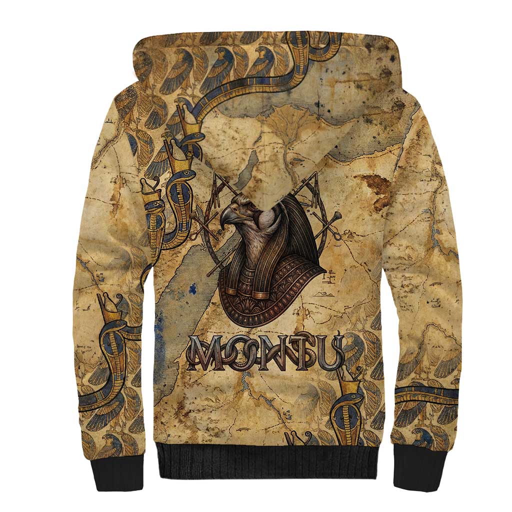 Montu Sherpa Hoodie Falcon Head War God Ancient Egyptian Map Feathers and Sun Disk
