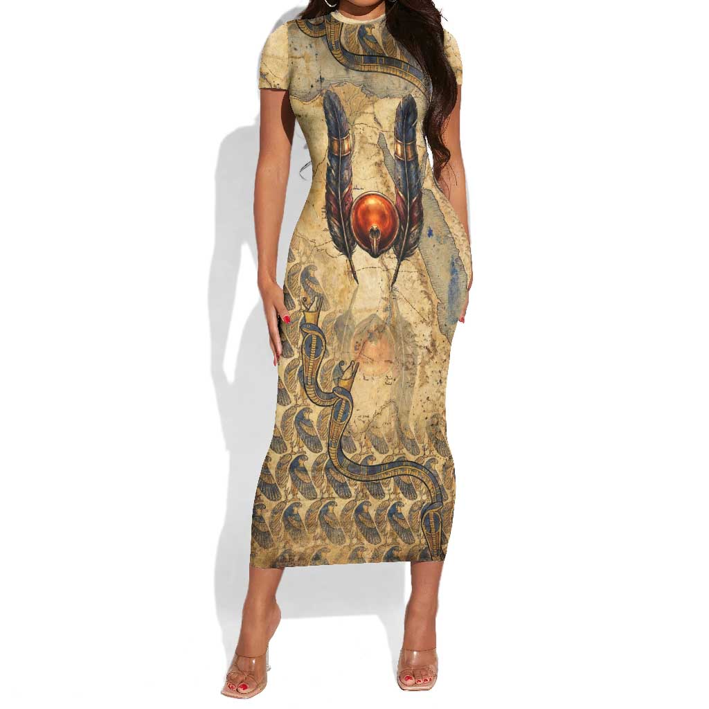 Montu Short Sleeve Bodycon Dress Falcon Head War God Ancient Egyptian Map Feathers and Sun Disk