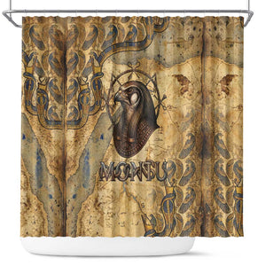 Montu Shower Curtain Falcon Head War God Ancient Egyptian Map Feathers and Sun Disk