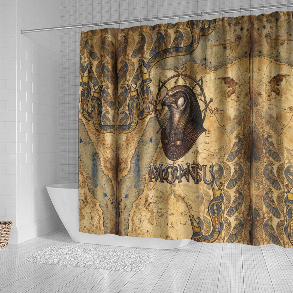 Montu Shower Curtain Falcon Head War God Ancient Egyptian Map Feathers and Sun Disk