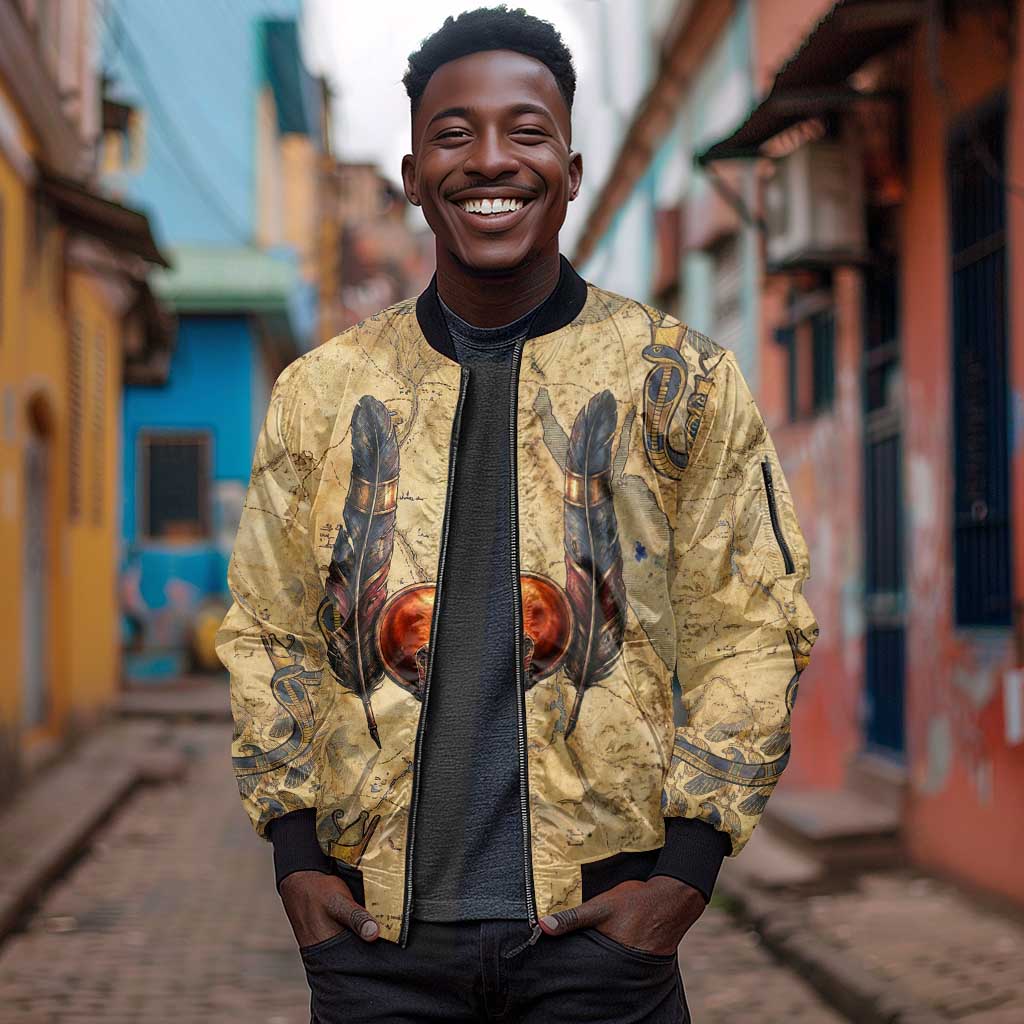 Montu Sleeve Zip Bomber Jacket Falcon Head War God Ancient Egyptian Map Feathers and Sun Disk