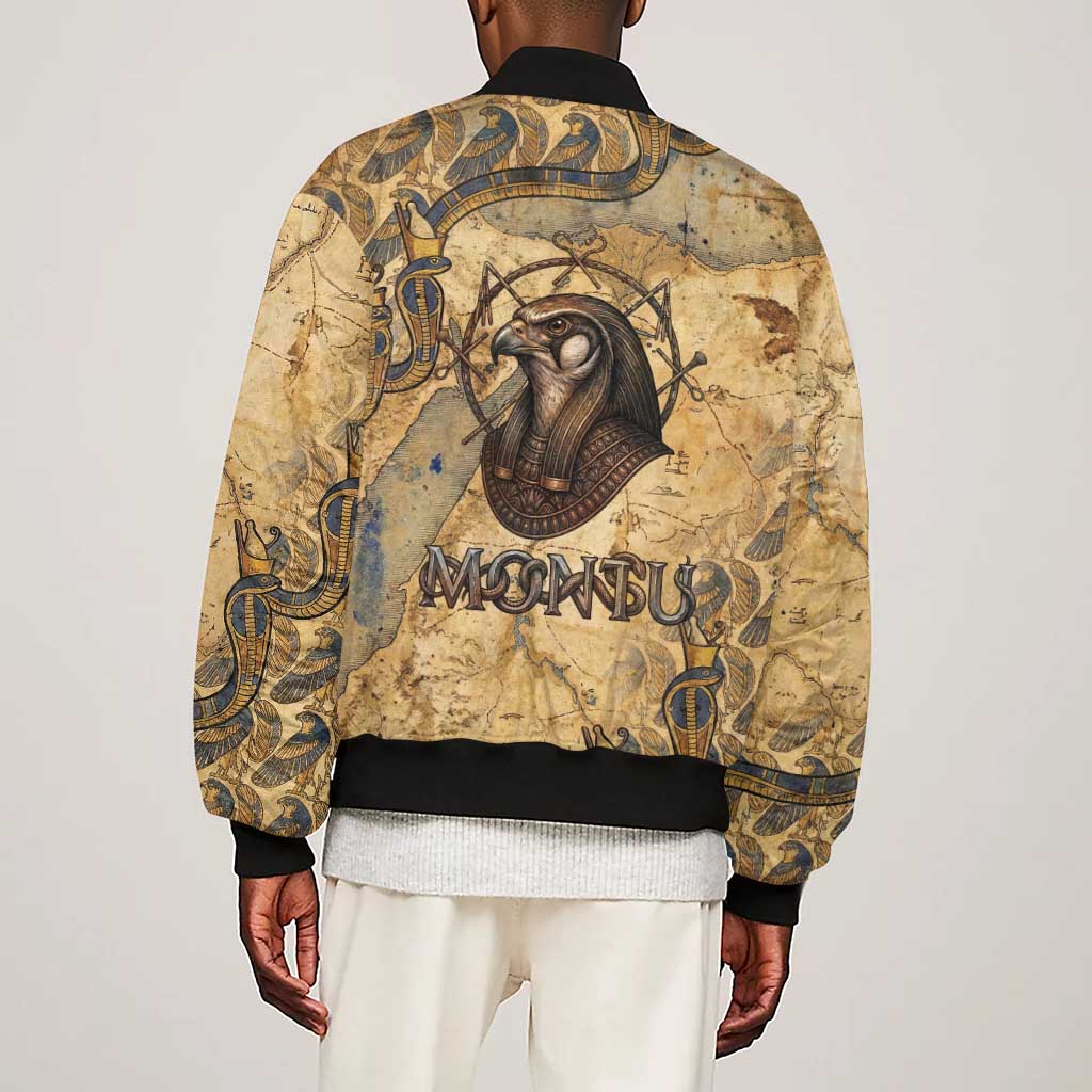 Montu Sleeve Zip Bomber Jacket Falcon Head War God Ancient Egyptian Map Feathers and Sun Disk