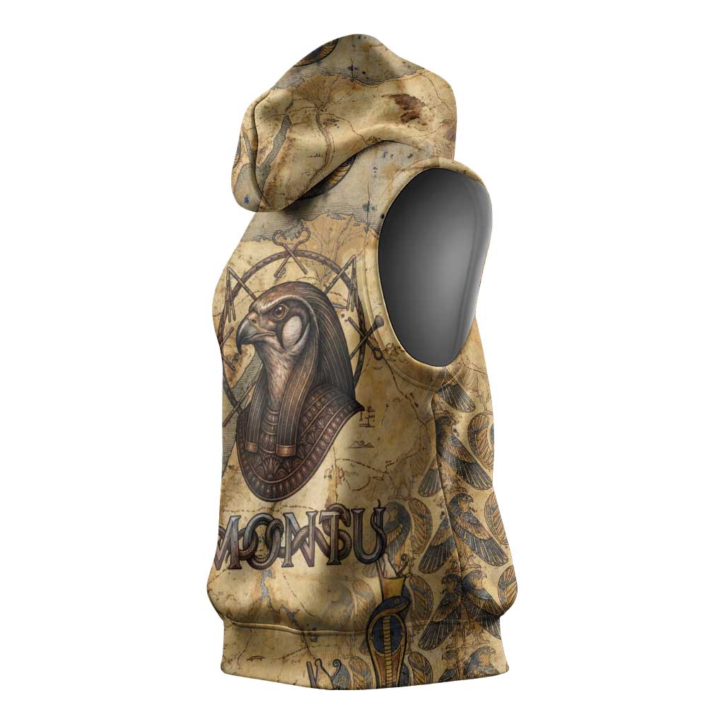 Montu Sleeveless Hoodie Falcon Head War God Ancient Egyptian Map Feathers and Sun Disk