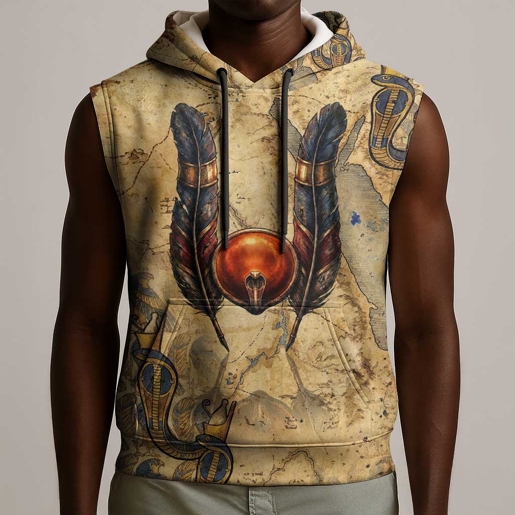 Montu Sleeveless Hoodie Falcon Head War God Ancient Egyptian Map Feathers and Sun Disk
