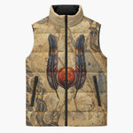 Montu Sleeveless Puffer Jacket Falcon Head War God Ancient Egyptian Map Feathers and Sun Disk
