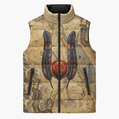 Montu Sleeveless Puffer Jacket Falcon Head War God Ancient Egyptian Map Feathers and Sun Disk