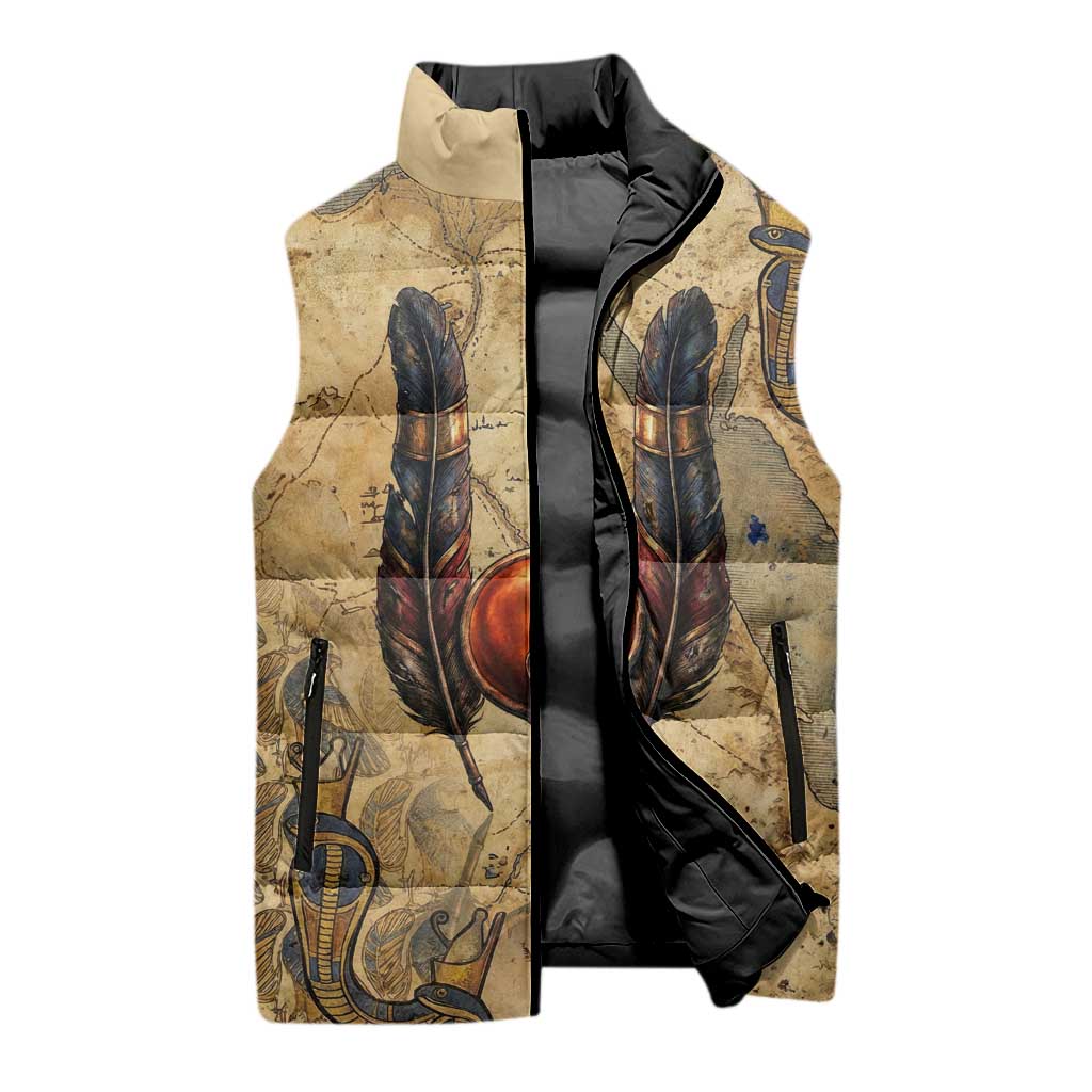 Montu Sleeveless Puffer Jacket Falcon Head War God Ancient Egyptian Map Feathers and Sun Disk