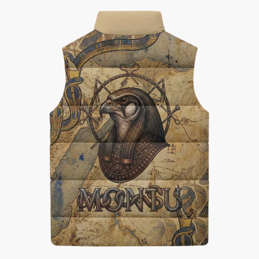 Montu Sleeveless Puffer Jacket Falcon Head War God Ancient Egyptian Map Feathers and Sun Disk