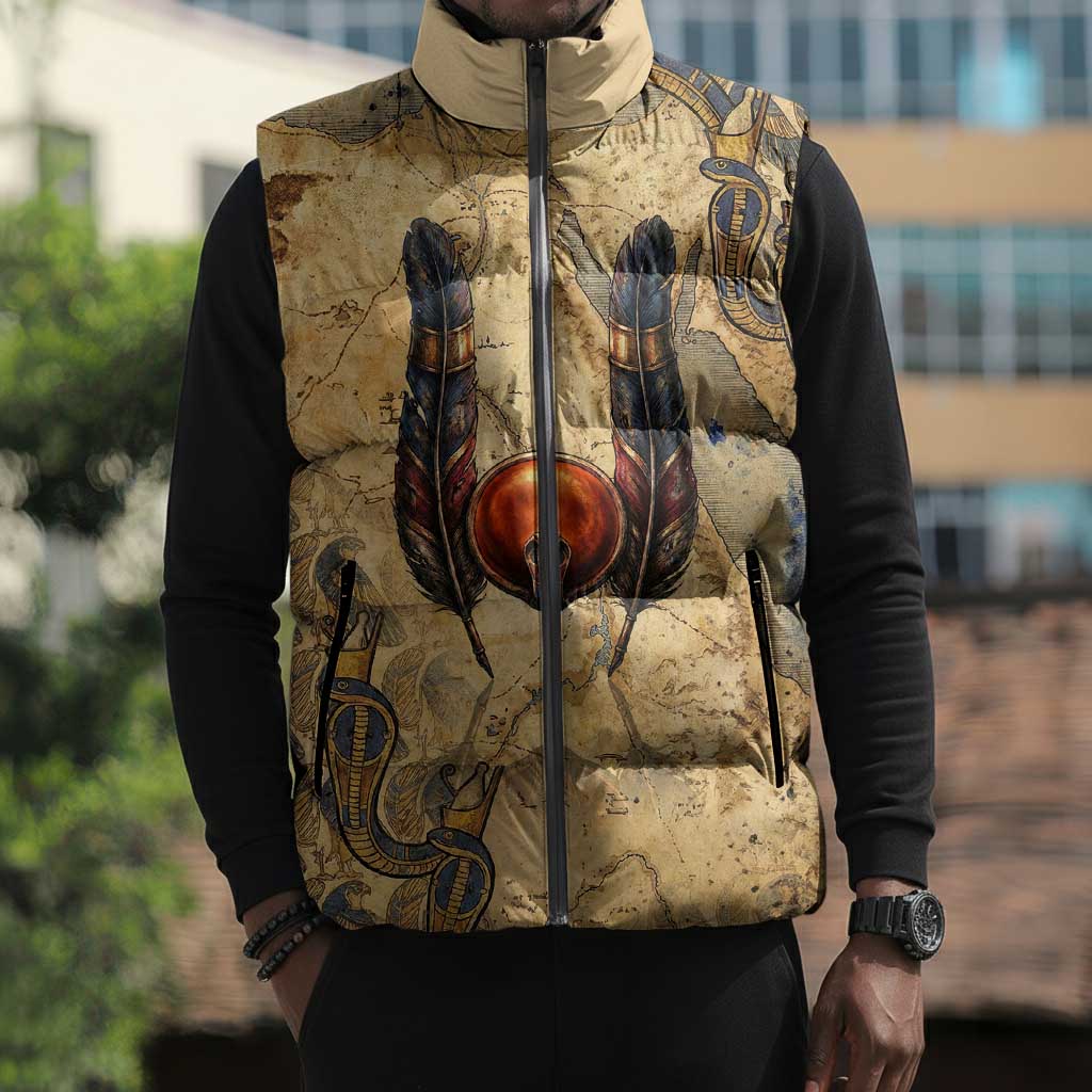 Montu Sleeveless Puffer Jacket Falcon Head War God Ancient Egyptian Map Feathers and Sun Disk
