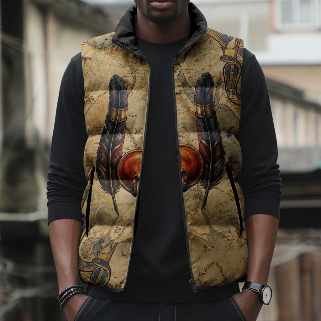 Montu Sleeveless Puffer Jacket Falcon Head War God Ancient Egyptian Map Feathers and Sun Disk