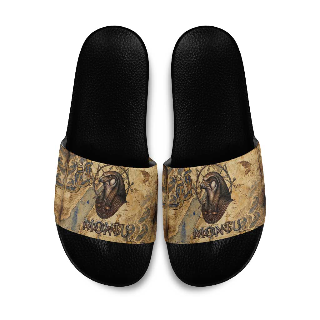Montu Slide Sandals Falcon Head War God Ancient Egyptian Map Feathers and Sun Disk