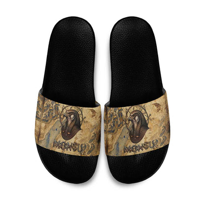 Montu Slide Sandals Falcon Head War God Ancient Egyptian Map Feathers and Sun Disk