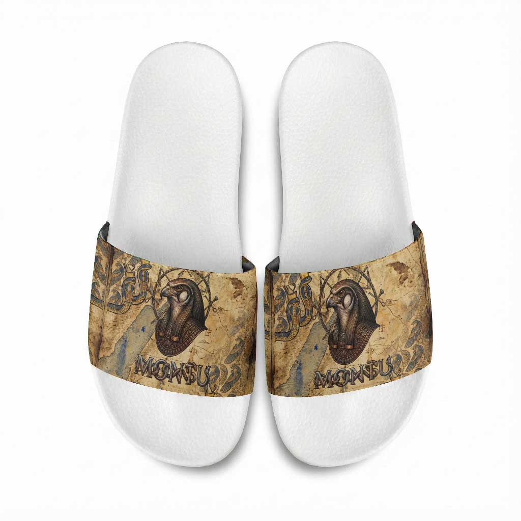 Montu Slide Sandals Falcon Head War God Ancient Egyptian Map Feathers and Sun Disk