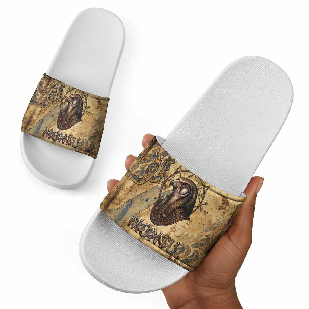 Montu Slide Sandals Falcon Head War God Ancient Egyptian Map Feathers and Sun Disk
