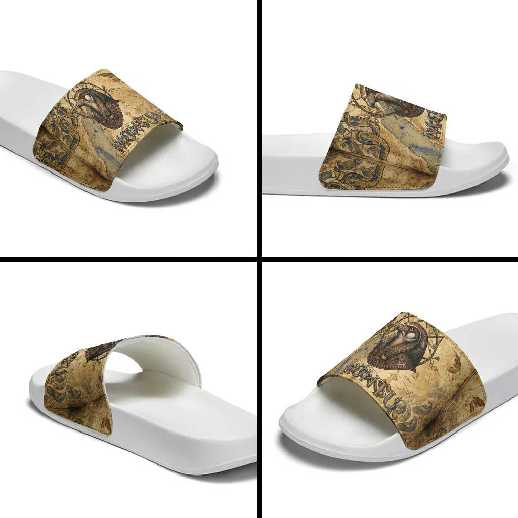 Montu Slide Sandals Falcon Head War God Ancient Egyptian Map Feathers and Sun Disk