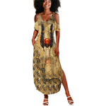 Montu Summer Maxi Dress Falcon Head War God Ancient Egyptian Map Feathers and Sun Disk