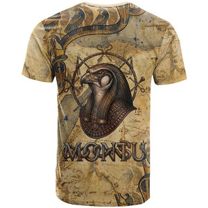 Montu T shirt Falcon Head War God Ancient Egyptian Map Feathers and Sun Disk