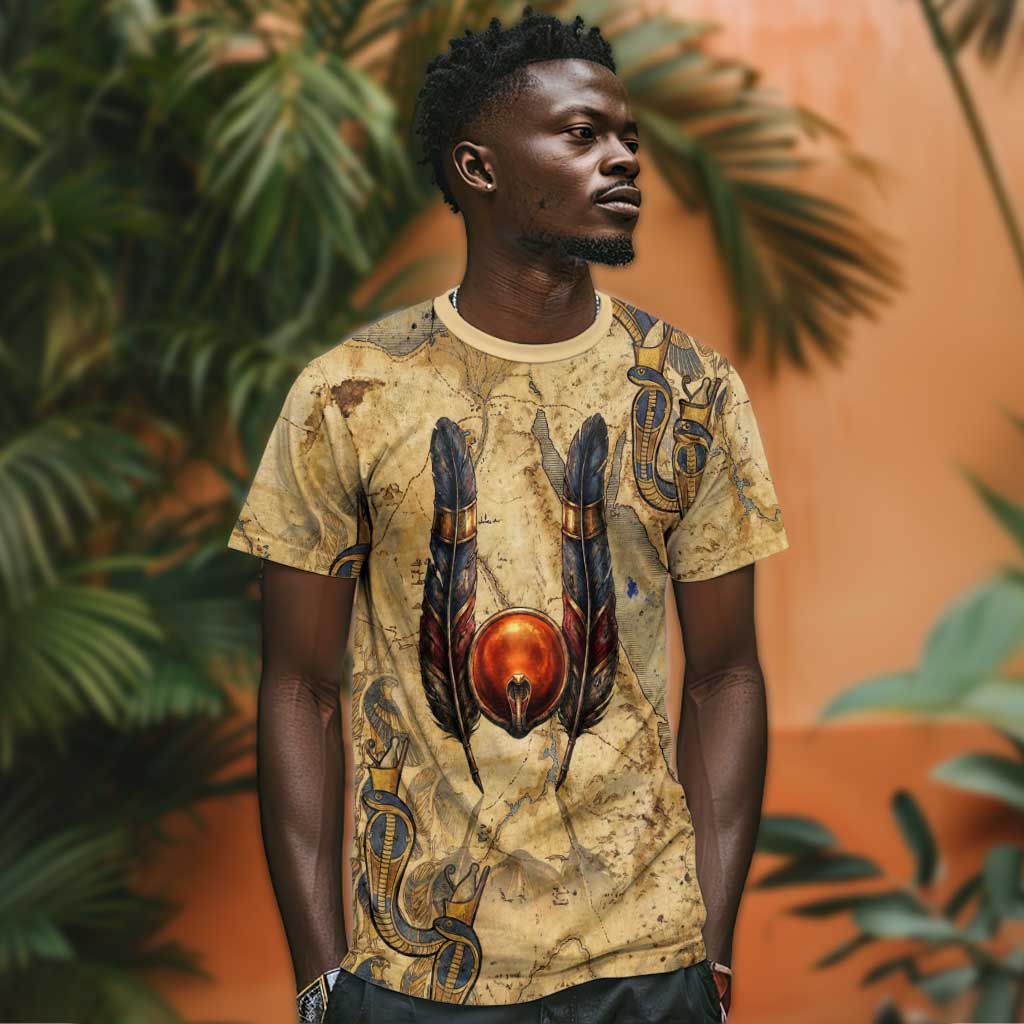 Montu T shirt Falcon Head War God Ancient Egyptian Map Feathers and Sun Disk