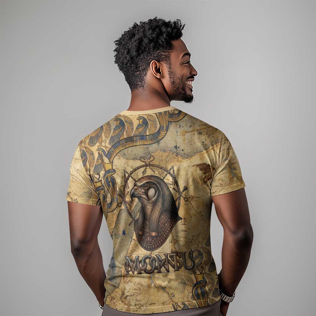 Montu T shirt Falcon Head War God Ancient Egyptian Map Feathers and Sun Disk