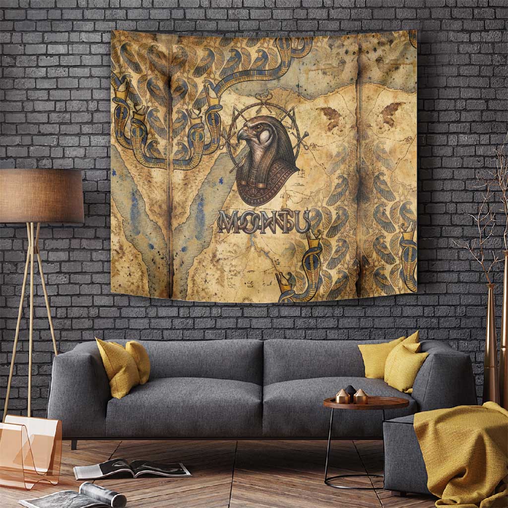 Montu Tapestry Falcon Head War God Ancient Egyptian Map Feathers and Sun Disk