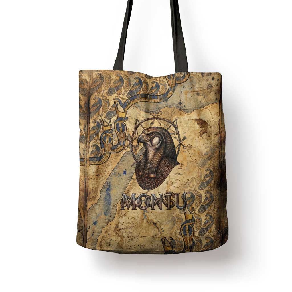 Montu Tote Bag Falcon Head War God Ancient Egyptian Map Feathers and Sun Disk
