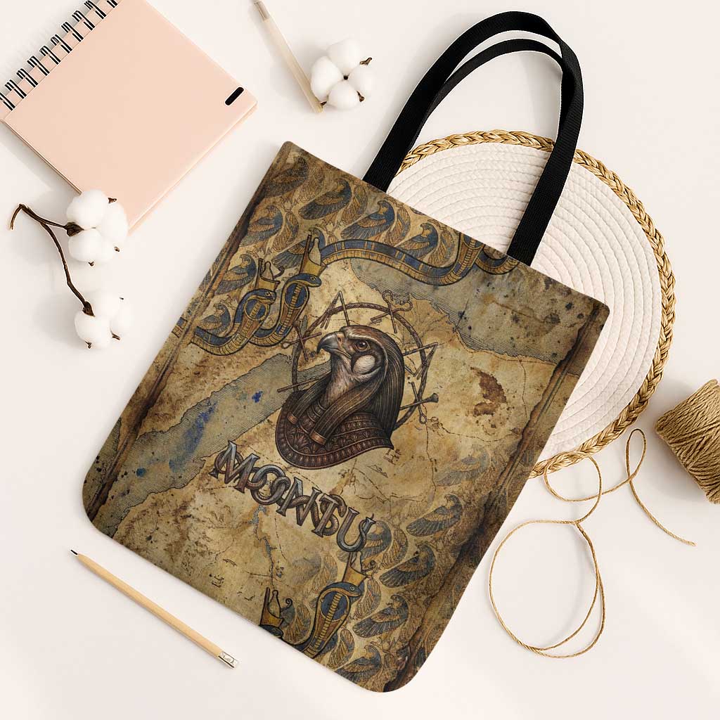 Montu Tote Bag Falcon Head War God Ancient Egyptian Map Feathers and Sun Disk