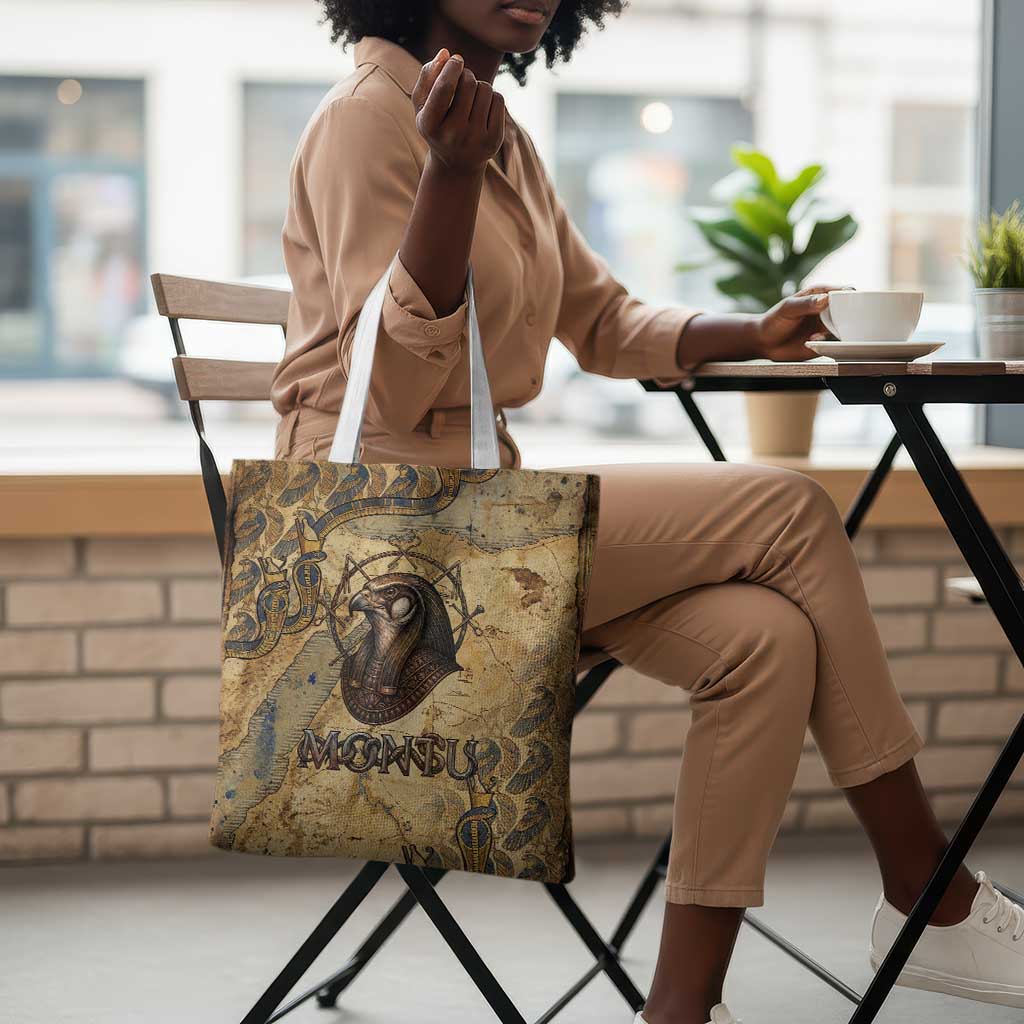 Montu Tote Bag Falcon Head War God Ancient Egyptian Map Feathers and Sun Disk