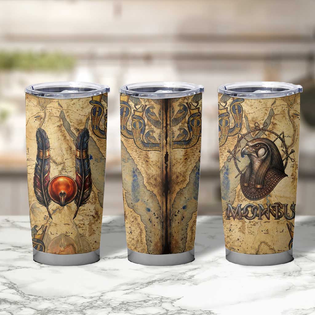 Montu Tumbler Cup Falcon Head War God Ancient Egyptian Map Feathers and Sun Disk