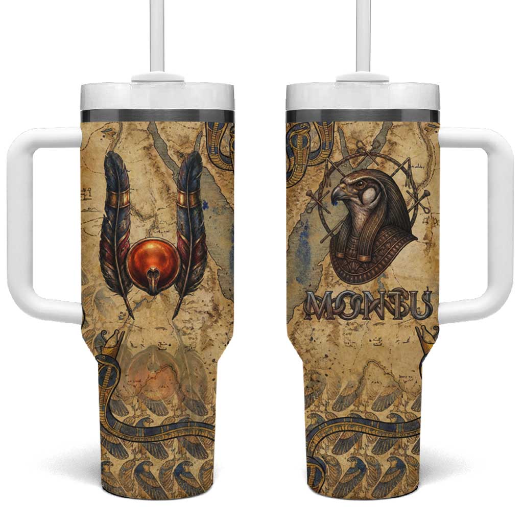 Montu Tumbler With Handle Falcon Head War God Ancient Egyptian Map Feathers and Sun Disk