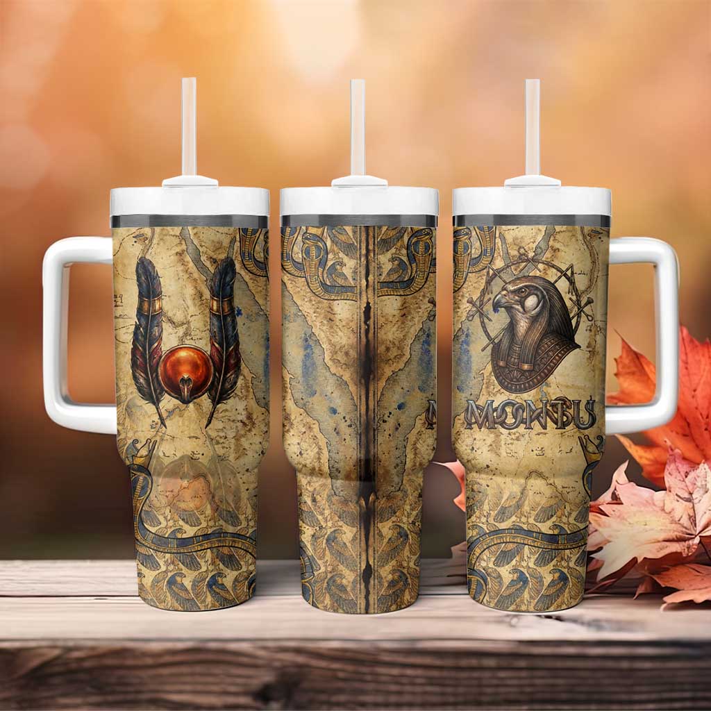 Montu Tumbler With Handle Falcon Head War God Ancient Egyptian Map Feathers and Sun Disk