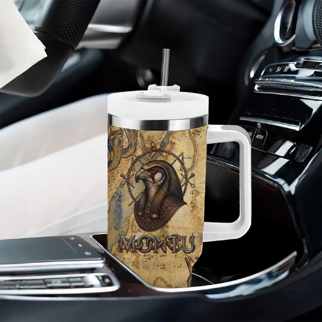 Montu Tumbler With Handle Falcon Head War God Ancient Egyptian Map Feathers and Sun Disk