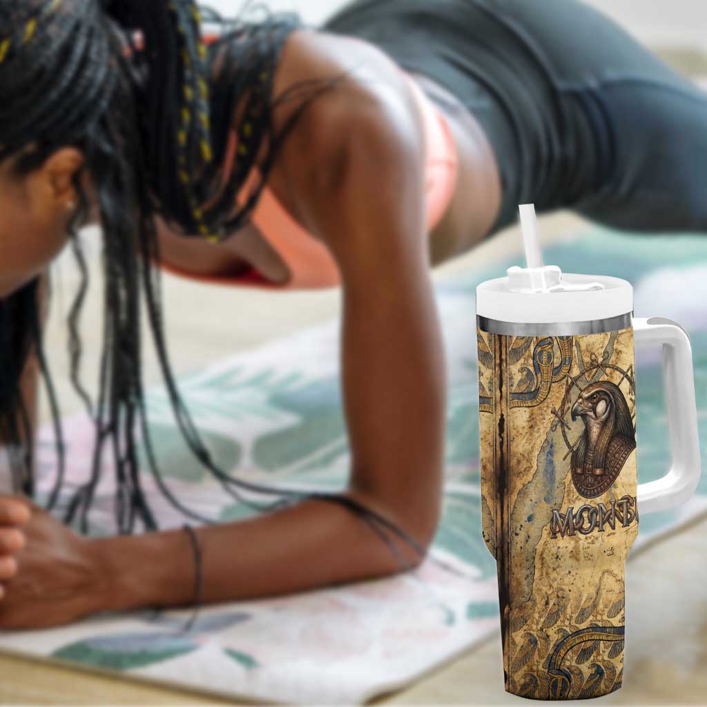 Montu Tumbler With Handle Falcon Head War God Ancient Egyptian Map Feathers and Sun Disk