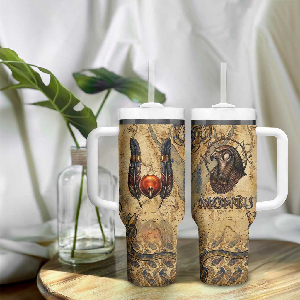Montu Tumbler With Handle Falcon Head War God Ancient Egyptian Map Feathers and Sun Disk